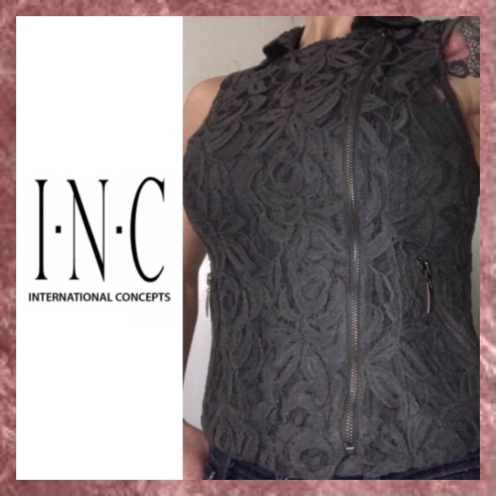 NEW INC Dark Gray Lace Zippered Moto Vest Small S